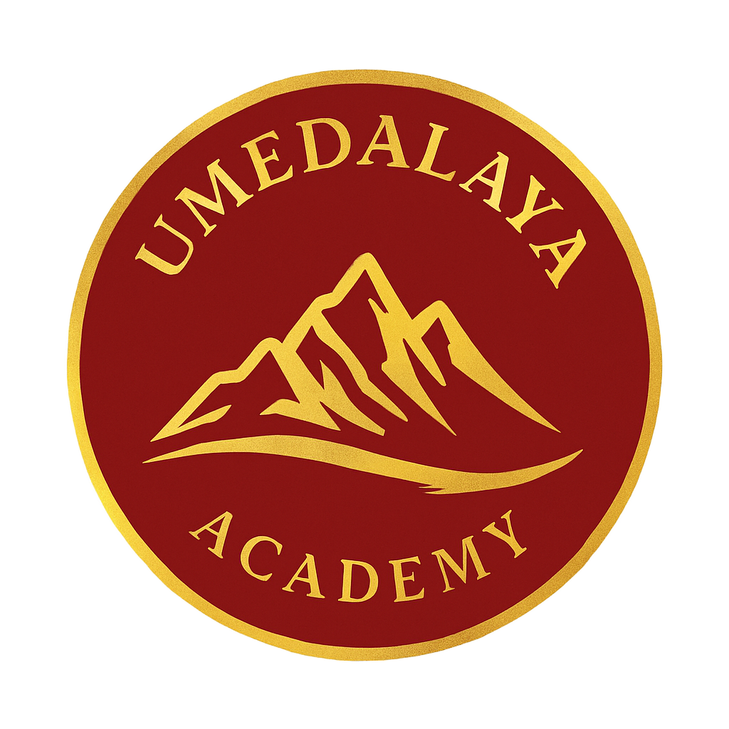 Logo of Umedalaya Academy featuring mountains and the text 'Umedalaya Academy' in gold on a red background.