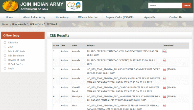 Indian Army Agniveer Result 2025 Official Notice Banner