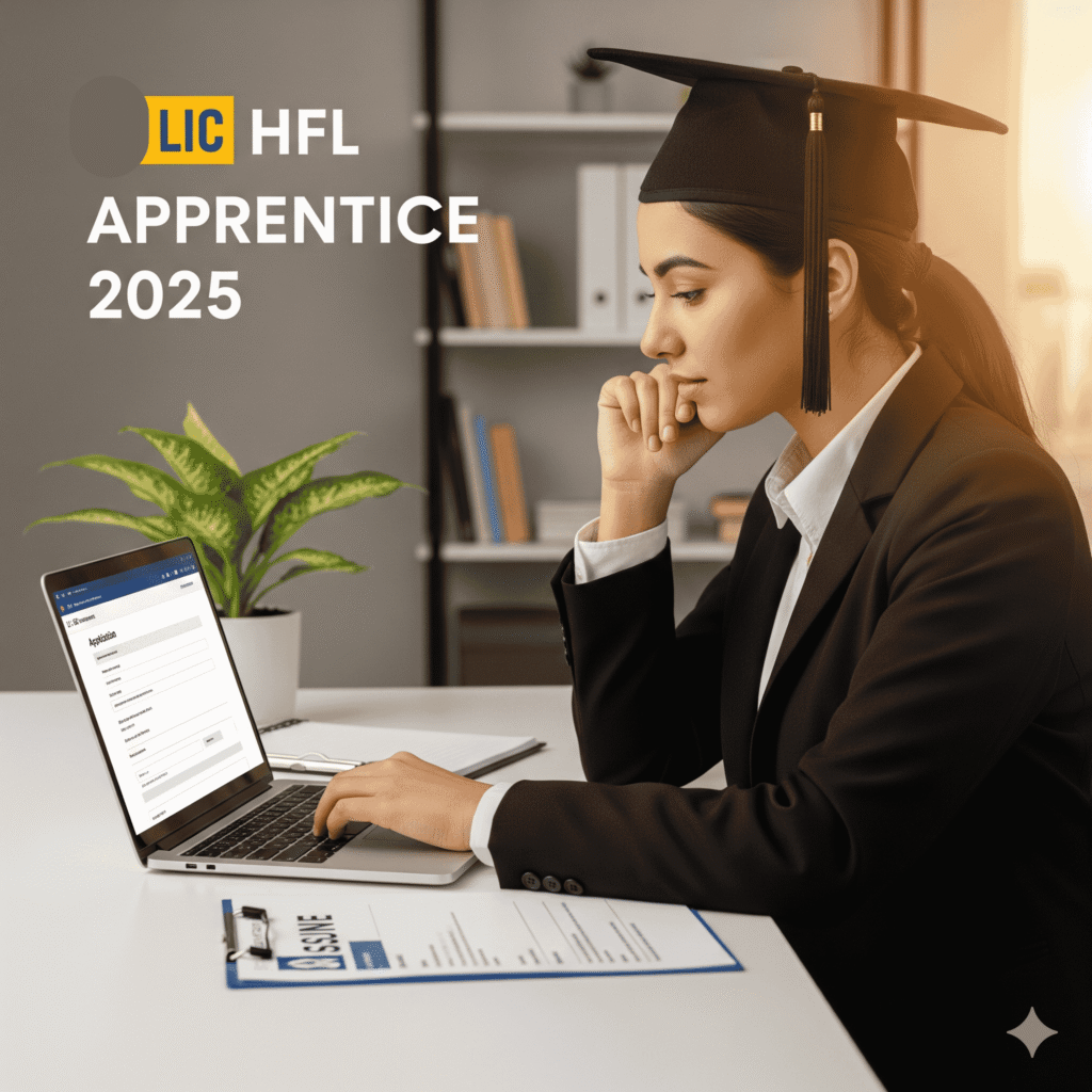 A woman in graduation attire working on a laptop with an application form for LIC HFL Apprenticeship 2025.