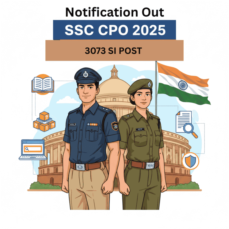 "SSC CPO 2025 Notification banner – Male and female Sub Inspectors in Delhi Police and CAPFs standing confidently with Indian tricolor and Parliament background, 3073 vacancies highlighted."