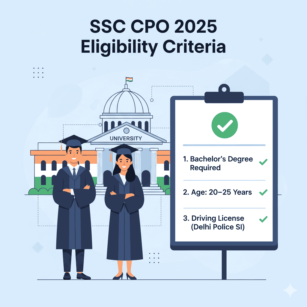 SSC-CPO-2025-Eligibility-Criteria-infographic-–-Bachelors-degree-age-20–25-years-driving-license-requirement-for-Delhi-Police-SI-applicants-checklist-style-