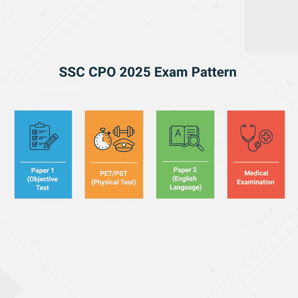 SSC-CPO-2025-Exam-Pattern-infographic-–-Four-stages-Paper-1-PETPST-Paper-2-and-Medical-Examination-with-icons-representing-each-stage