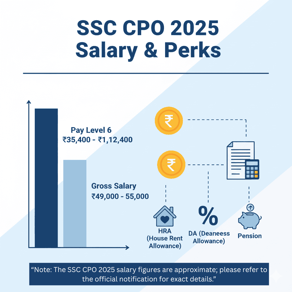 "SSC CPO 2025 Salary infographic – Sub Inspector pay level 6 (₹35,400 – ₹1,12,400), gross salary ₹49,000 – ₹55,000 with allowances like HRA, DA, and pension benefits."