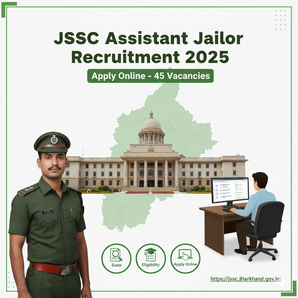 JSSC Assistant Jailor Recruitment 2025 banner showing Jharkhand map, officer in uniform, and 45 vacancies apply online notice
