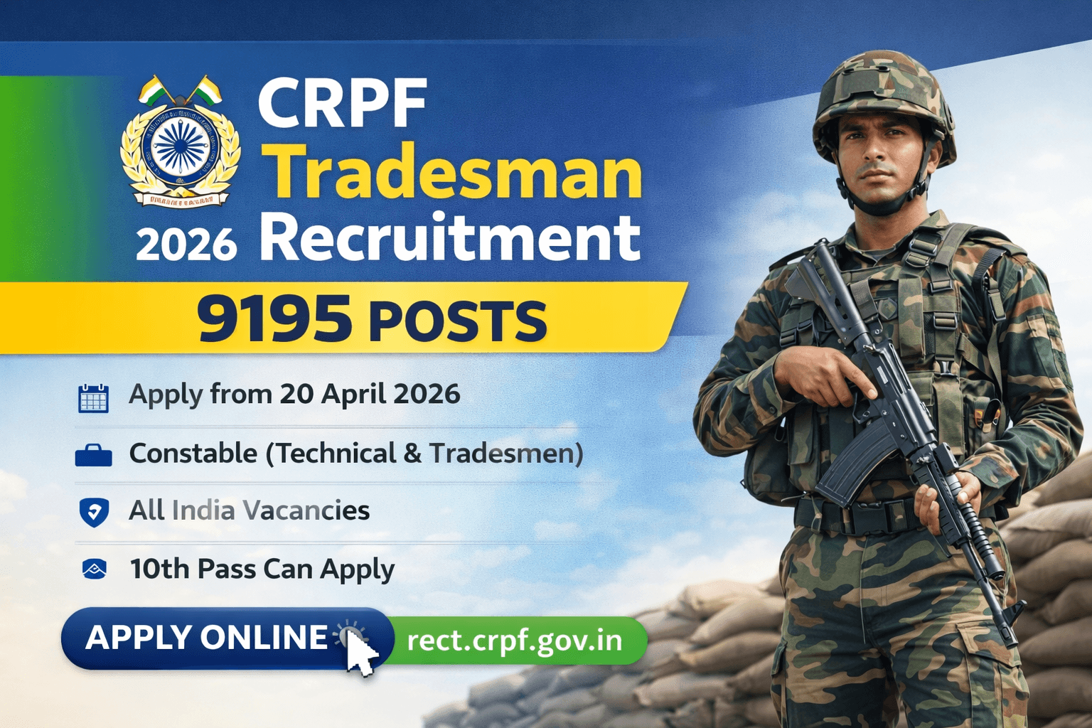 CRPF Tradesman Recruitment 2026 9195 posts apply online