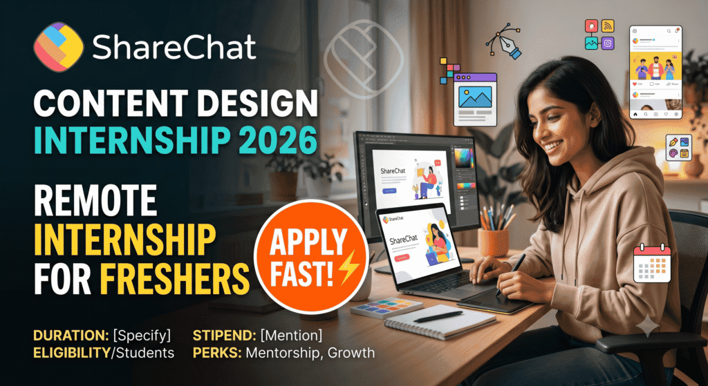 Banner for ShareChat Content Design Internship 2026 showing a female designer working remotely on a laptop with job details.