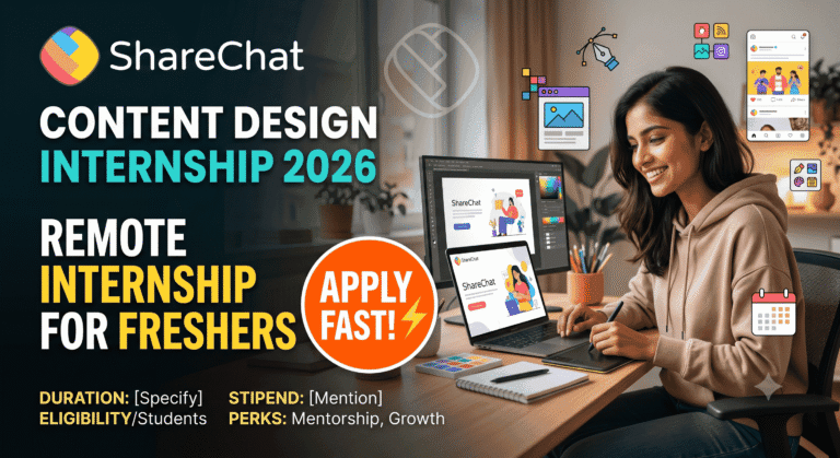 Banner for ShareChat Content Design Internship 2026 showing a female designer working remotely on a laptop with job details.