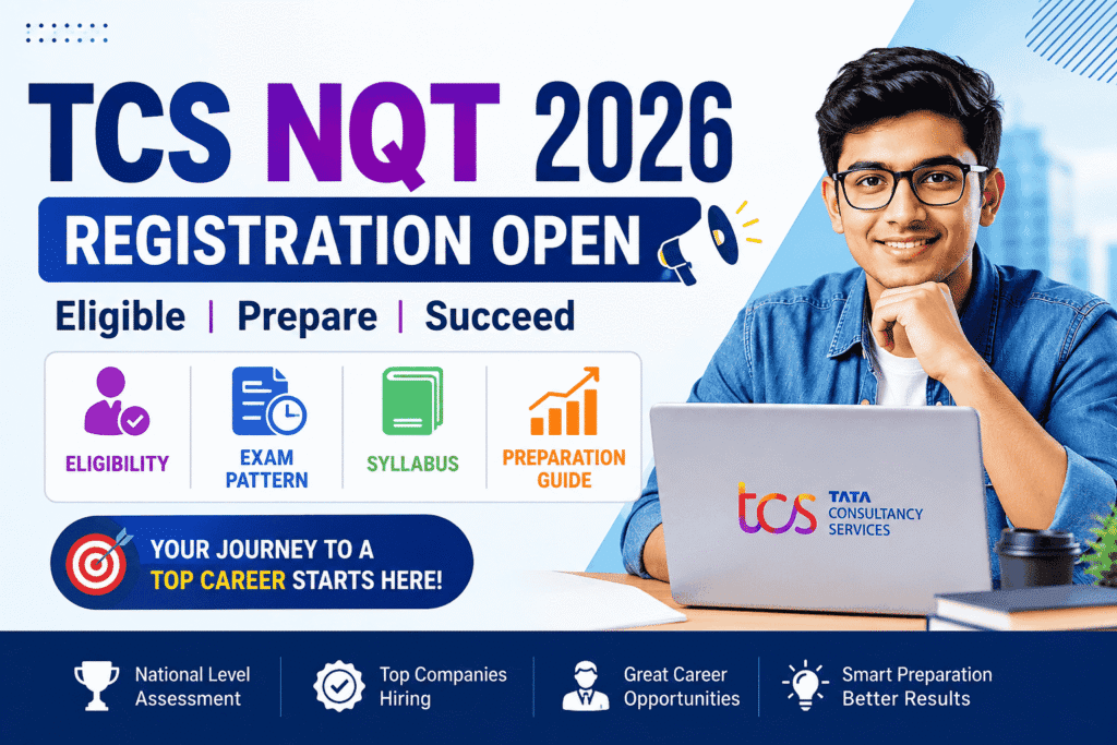TCS NQT 2026 explained with student preparing for National Qualifier Test, highlighting career opportunities, assessment process, industry-ready skills, and IT job prospects.