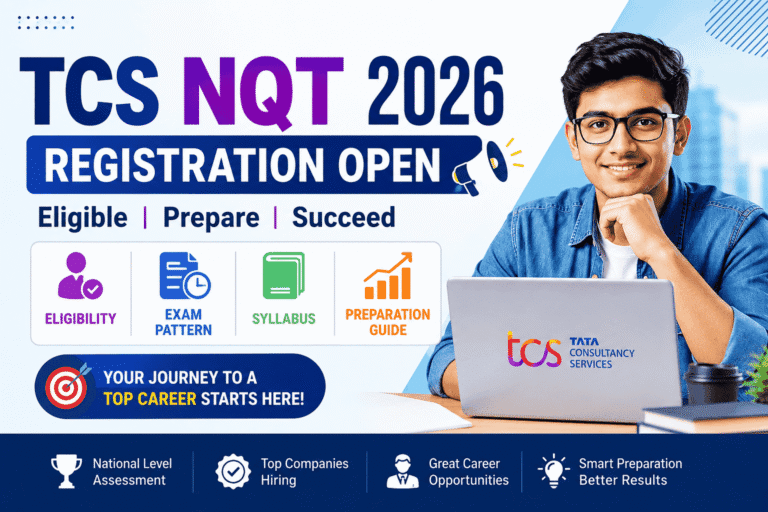 TCS NQT 2026 explained with student preparing for National Qualifier Test, highlighting career opportunities, assessment process, industry-ready skills, and IT job prospects.