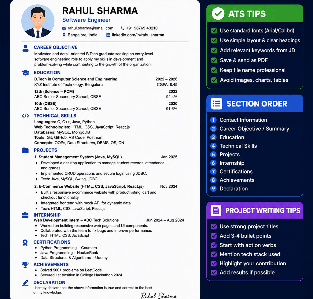 fresher resume format 2026 India ATS guide with complete template