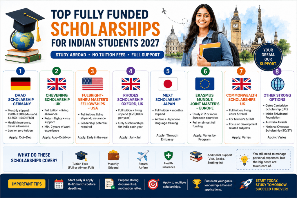 Top fully funded scholarships for Indian students 2027 including DAAD, Chevening, Fulbright-Nehru, Rhodes, MEXT, Erasmus Mundus and Commonwealth scholarships