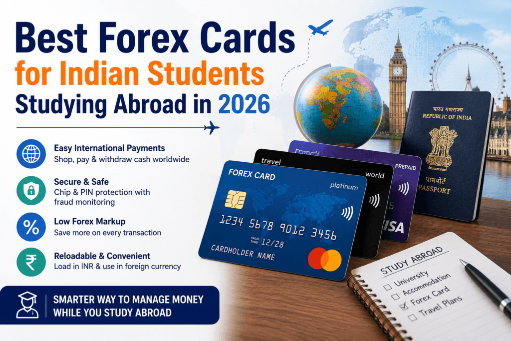 Best forex cards for Indian students studying abroad in 2026, featuring a travel card, foreign currency, passport, and international study essentials