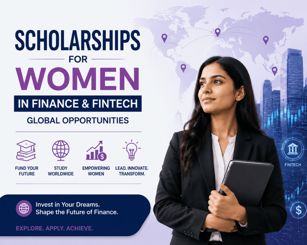 Scholarships for Women in Finance & FinTech – Global Opportunities, featuring a professional woman holding a tablet, a world map, and finance and fintech graphics