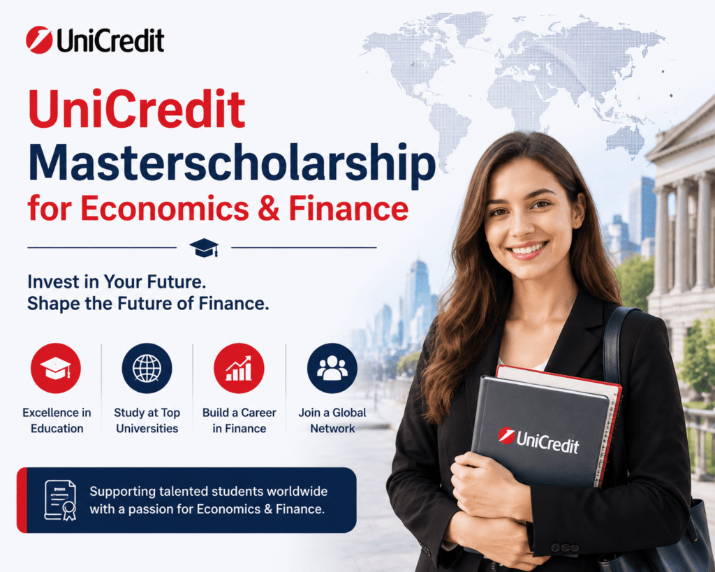 UniCredit Masterscholarship for Economics & Finance featuring a student, global map, university setting, and icons representing education, finance careers, and international opportunities