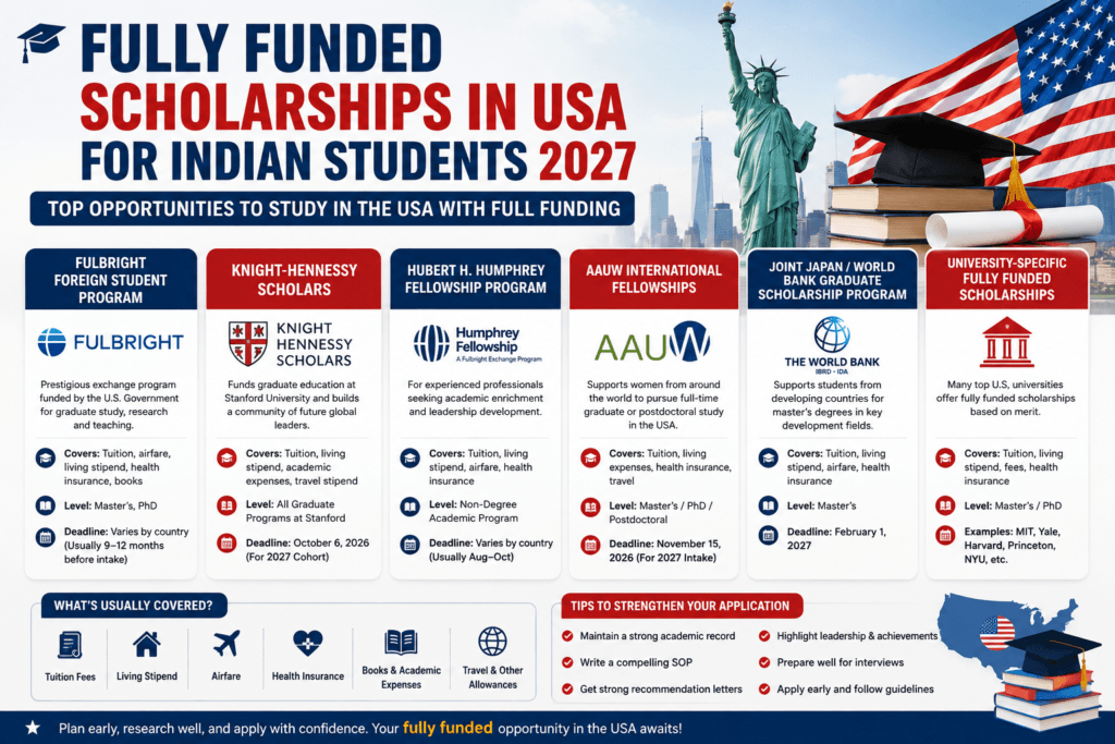 fully funded scholarships in USA for Indian students 2027