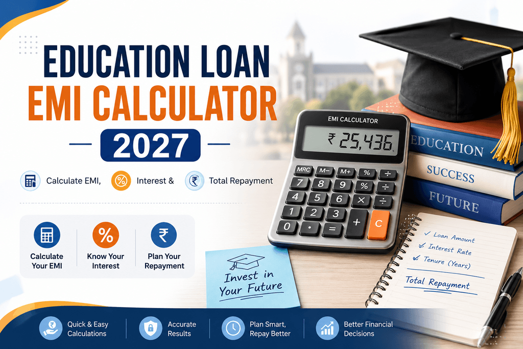 Education loan EMI calculator 2027 to calculate EMI, interest, and total repayment